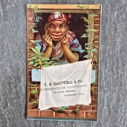 F.E. Hartwell & Co. Clothiers Danbury, CN Antique Victorian Trade Card Black Americana Woman in Bandana