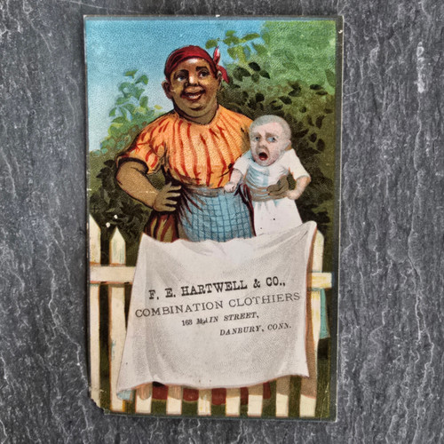 F.E. Hartwell & Co. Clothiers Danbury, CN Antique Victorian Trade Card Black Americana Woman with Baby