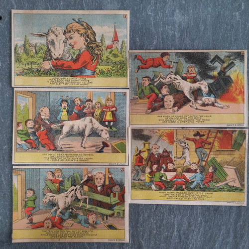 Antique Sammis & Latham Mary Had a Little Lamb 5 Victorian Trade Card Set Story