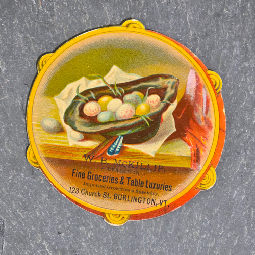 W.B. McKillip Groceries Antique Tambourine Victorian Trade Card Burlington, VT