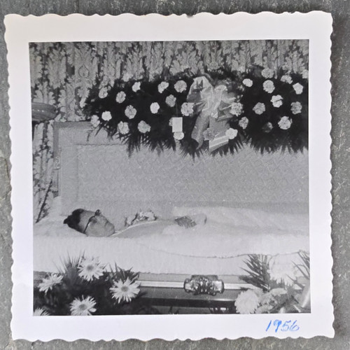 Post-Mortem B&W Snapshot Photo of Woman in Coffin 1956 Funeral Home Photograph