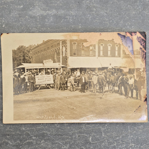 1909 Winfield, Kansas Last Trip Donkey Mule Streetcar Trolley RPPC Postcard