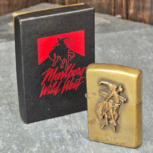 1992 Marlboro Wild West Cowboy Horse Brass Zippo Cigarette Lighter Original Box