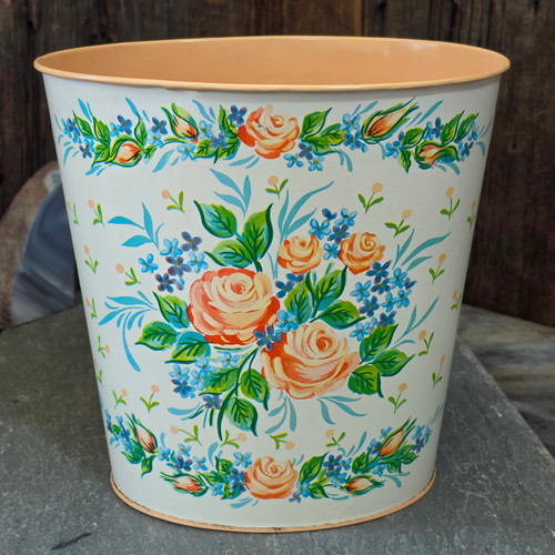 Retro Vintage Cheinco Tin Floral Print Litho Trash Can Waste Paper Garbage Roses