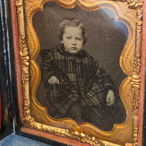 Antique 1/9 Plate Cased Ambrotype Photograph Child in Plaid Coat Ambro Photo