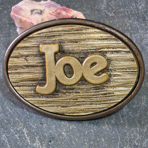 Vintage Retro Oden Brass Tone Personalized "JOE" Belt Buckle Faux Wood Grain