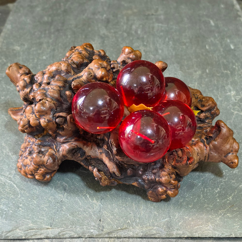 Lucite Grapes Mid-Century Decor on Grape Cluster Shaped Natural Wood Burl Base