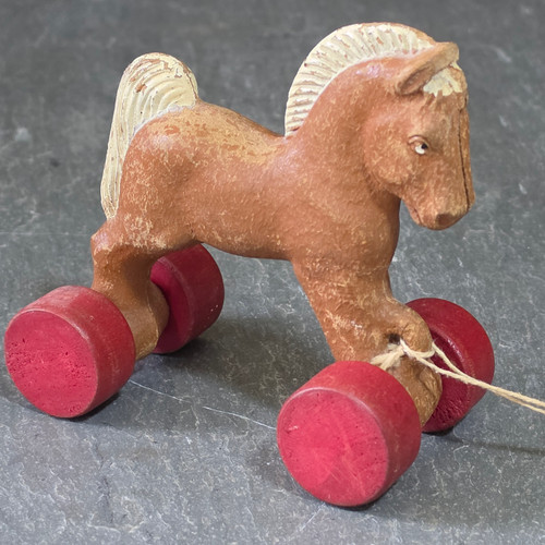 Old Vintage Wood Composition Child's Horse Shaped Pull Toy on Wooden Wheels