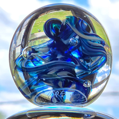 Vintage BPS Artist Signed Handmade Art Glass Paperweight Cobalt Blue Swirl