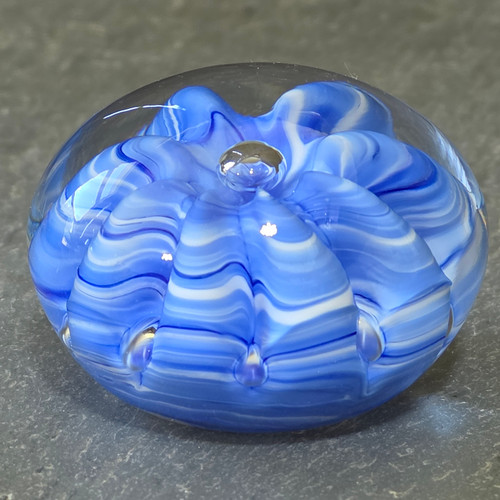 Vintage 1970's Joe St. Clair Art Glass Paperweight Blue White Slag Flower Swirl