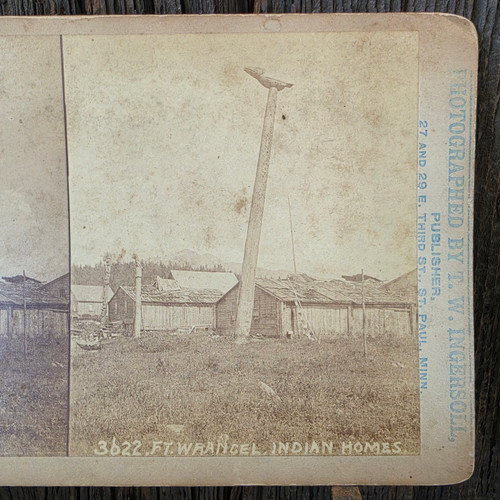Antique T.W. Ingersoll Fort Wrangel Indian Homes w/ Totem Pole Stereoview Photo