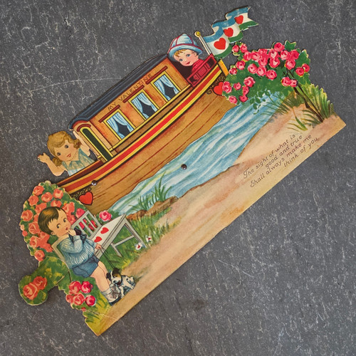 Antique Mechanical Valentine's Day Card Children in Moving Boat Valentine