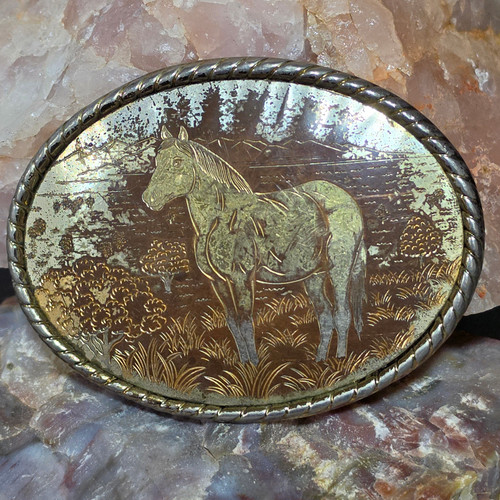 Vintage Western Engraved Etched Horse Cowboy Belt Buckle w/ Rope Border USA