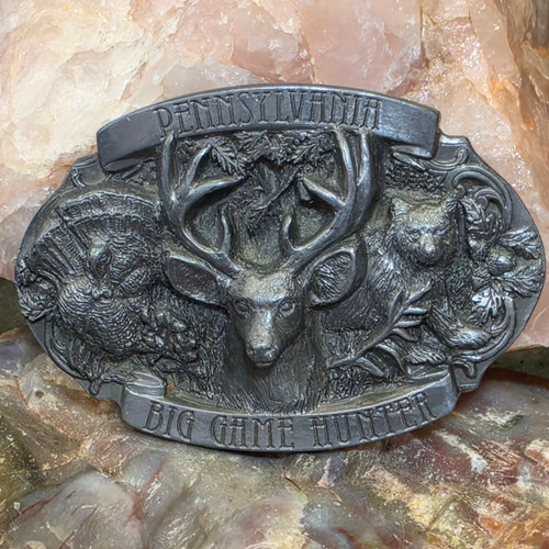 Vintage Pennsylvania Big Game Hunter Belt Buckle Pewter Deer Bear Turkey Relief