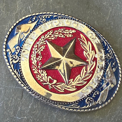 Vintage Silver Tone The State of Texas Big Star Red & Blue Enameled Belt Buckle