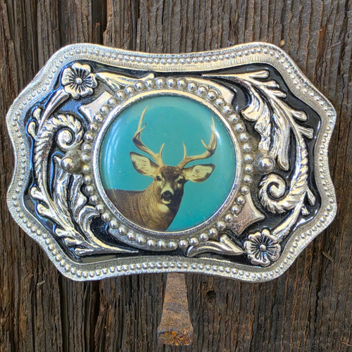 Retro Vintage Western Style Chrome Belt Buckle with Whitetail Buck Deer Photo