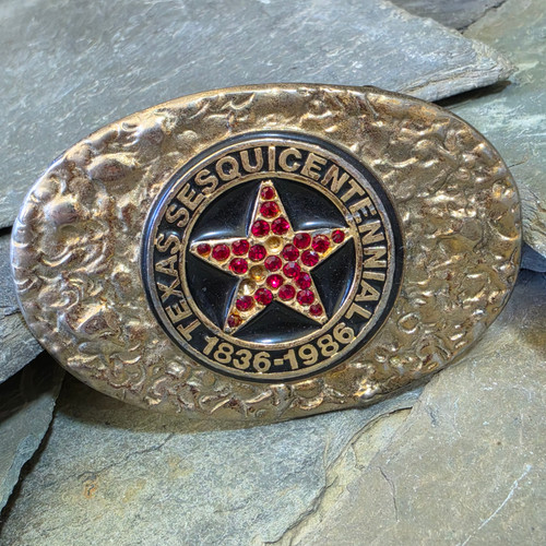 1986 Vintage Texas State Sesquicentennial Red Rhinestone Lone Star Belt Buckle