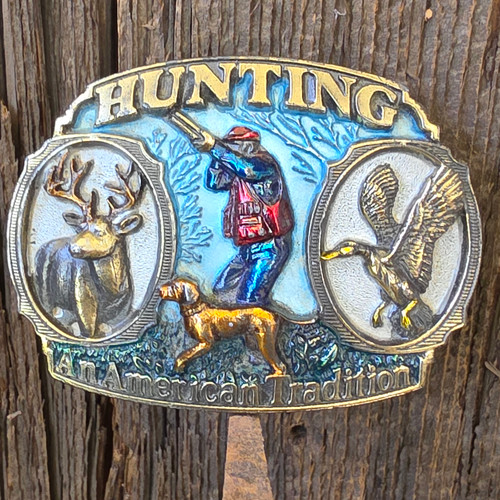 1986 Vintage Enameled Hunting An American Tradition Belt Buckle Hunter & Dog