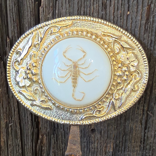 Vintage Gold Tone Belt Buckle Embossed Flowers Encased Scorpion Oddity Acrylic