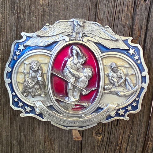 1985 Vintage Bergamot Huge Championship Wrestling Themed Enameled Belt Buckle