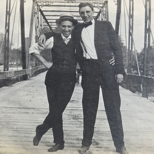 Antique Mounted Photo Well Dressed Young Men Embracing on Steel Truss Bridge