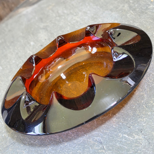 Vintage Chunky Amber Glass Ashtray Large Scalloped Petal Shape Mid-Century MCM