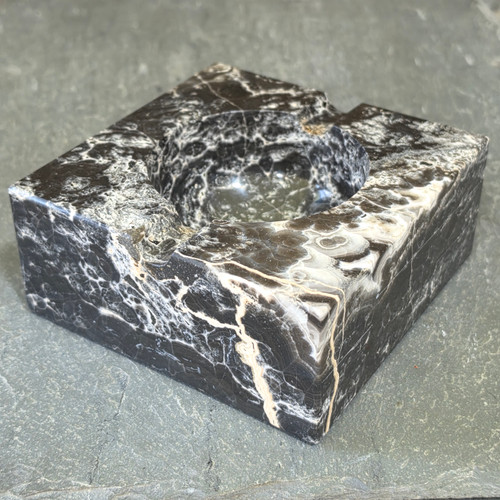 Vintage Zebra Marble Black & White Ashtray Square MCM Banded Stone 2 Rest Cigar