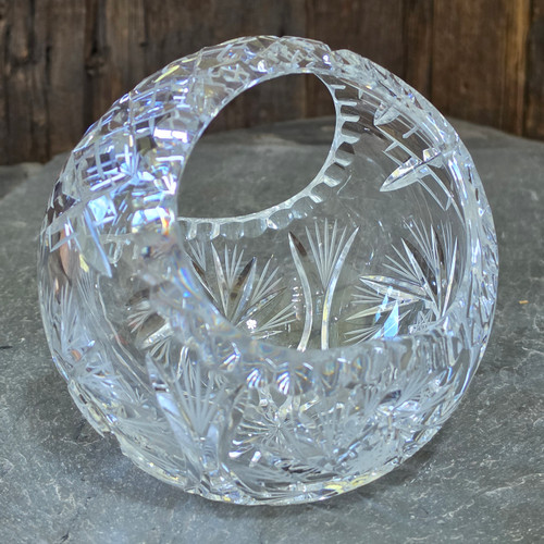 Vintage Clear Lead Crystal Pressed & Cut Glass Basket Vase Bowl Star Pinwheel