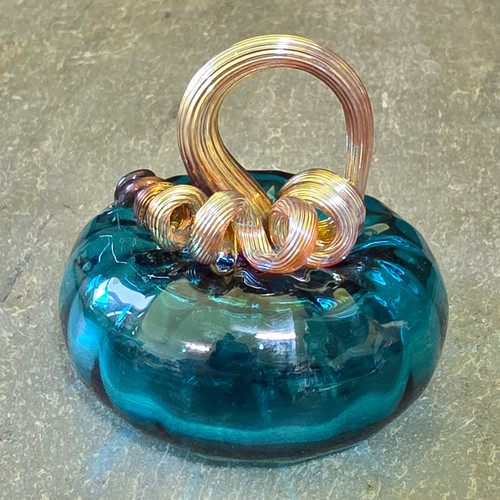 Teal Blue Blown Art Glass Pumpkin Iridescent Gold Stem Signed Paperweight
