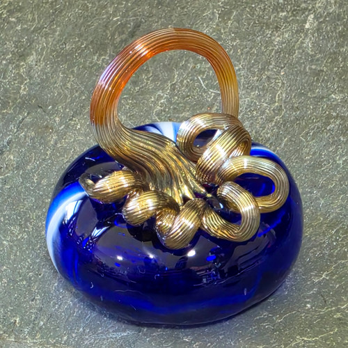 Cobalt Blue Blown Art Glass Pumpkin Iridescent Gold Stem Signed Paperweight