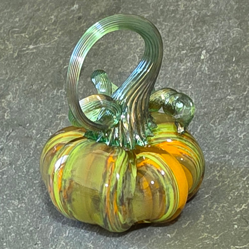 Fall Colors Blown Art Glass Pumpkin Iridescent Gold Stem Signed Paperweight