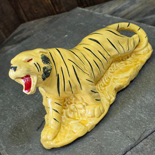 Vintage Ceramic Tiger Planter Yellow Black Stripe Mid Century Art Pottery Roaring