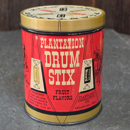 Vintage Plantation Drum Stix Candy Tin Philadelphia PA Civil War Drummer Boy MCM