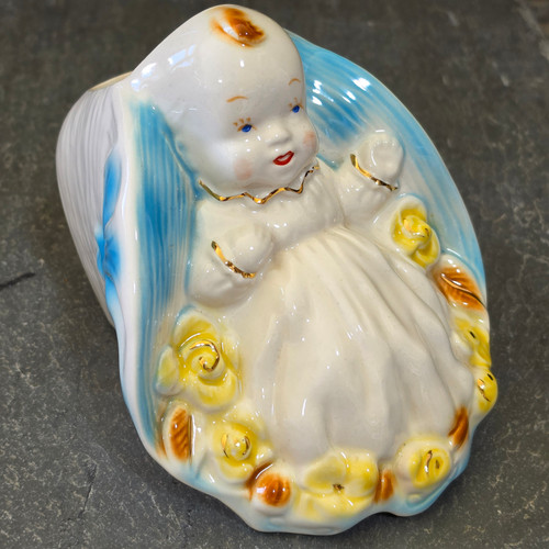 Vintage Retro Baby in Christening Dress Bonnet Figural Ceramic Novelty Planter