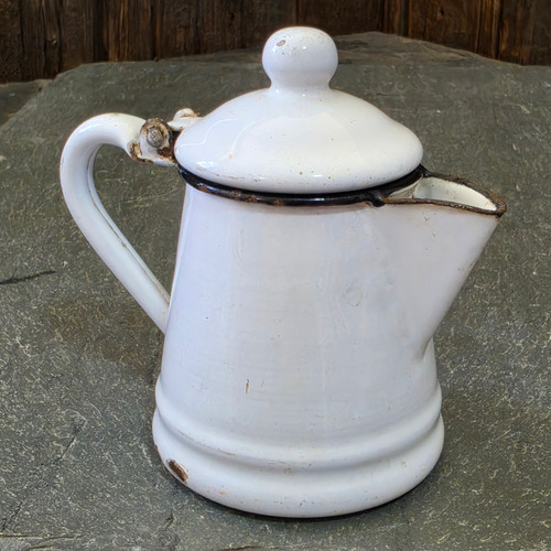 Antique White Enamelware Mini Coffee Pot Hinged Lid Pitcher Farmhouse Decor 4.5"