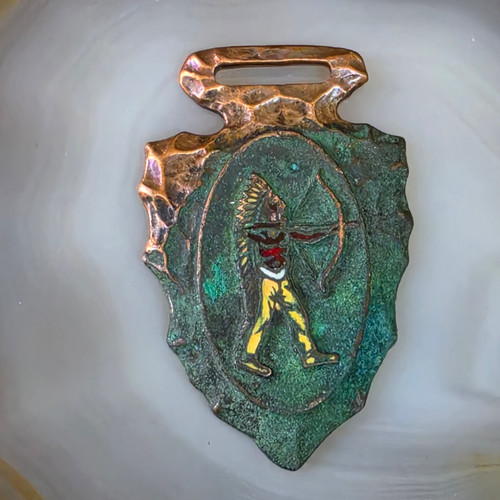 Antique Copper Native American Arrowhead Enameled Indian Bow Arrow Watch Fob