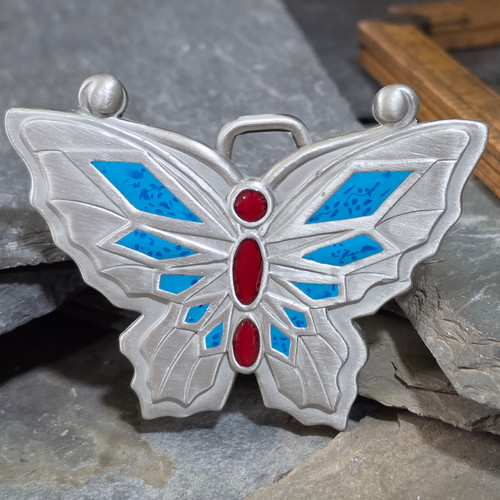 NOS Vintage Geometric Embossed & Enameled Butterfly Alloy Belt Buckle