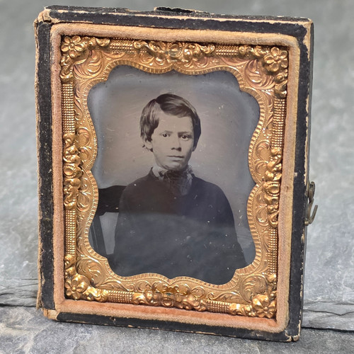 Antique 1/9 Plate Tintype Photo Young Boy Seated Portrait Ornate Gilt Frame