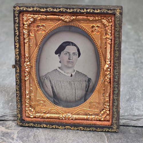 Antique 1/9 Plate Tintype Photo Woman Portrait Lace Collar Earrings Ornate Mat