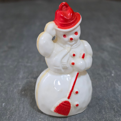 Vintage Hard Plastic Snowman Tipping Red Hat Broom Christmas Ornament Figure