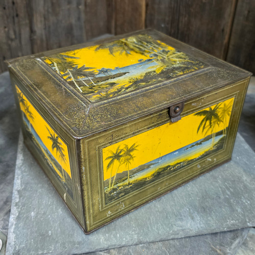Antique Globe Soap Co Cincinnati OH Litho Tin Box Tropical Palm Tree Chest