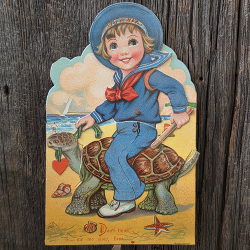 Antique German Die Cut Valentine Mechanical Standee Sailor Boy Riding Turtle