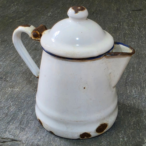 Antique White Enamelware Mini Coffee Pot Hinged Lid Pitcher Farmhouse Decor 4"