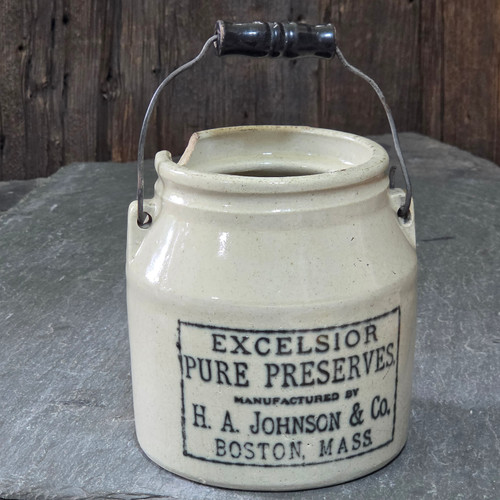 Antique Excelsior Pure Preserves Stoneware Crock Pot HA Johnson Boston Mass