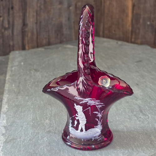 Vintage Westmoreland Ruby Red Glass Basket Signed Mary Gregory Boy Fishing 1983