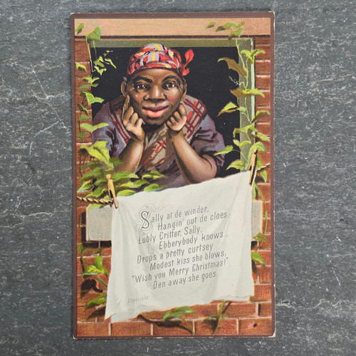 Victorian Christmas Blank Back Trade Card Sally At De Winder Window Black Americana Litho