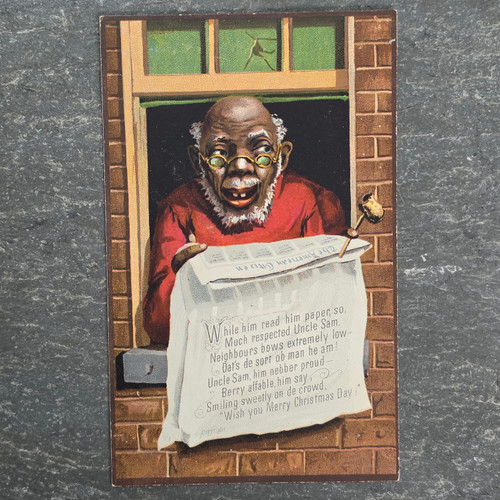 Victorian Christmas Blank Trade Card Uncle Sam Newspaper Dialect Black Americana