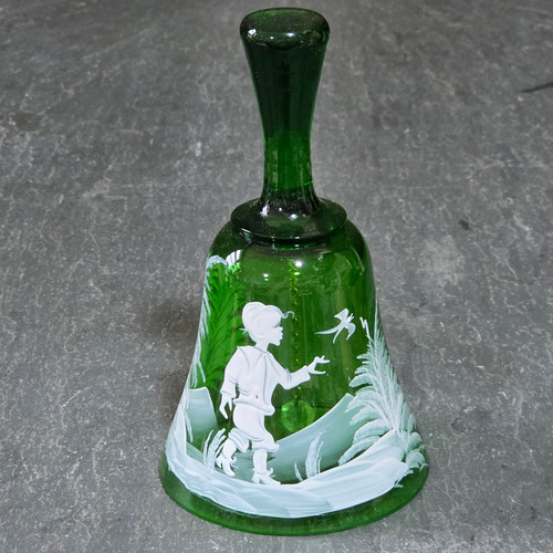 Vintage Bohemia Czech Green Glass Mary Gregory Bell Hand Painted Boy Foil Label