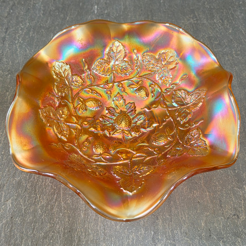 Antique Millersburg Marigold Carnival Glass Blackberry Wreath Ruffled Bowl Star