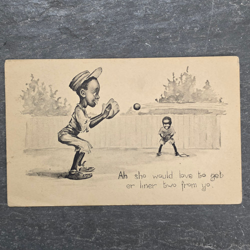 Antique 1915 Black Americana Baseball Postcard Fairman Co MA Postmark 1c Stamp Comic Cartoon